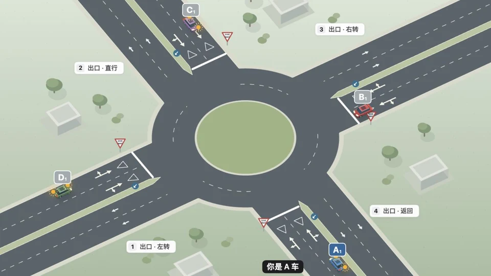 双车道四出口环岛：选对车道再驶出动画首帧